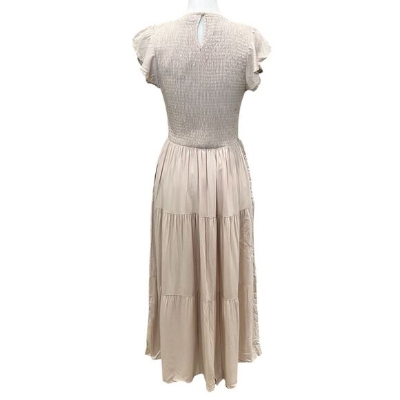 Apricot Cottagecore Smocked Tiered Midi Dress Short Sleeve Peachy Tan Medium NWT - Picture 3 of 16